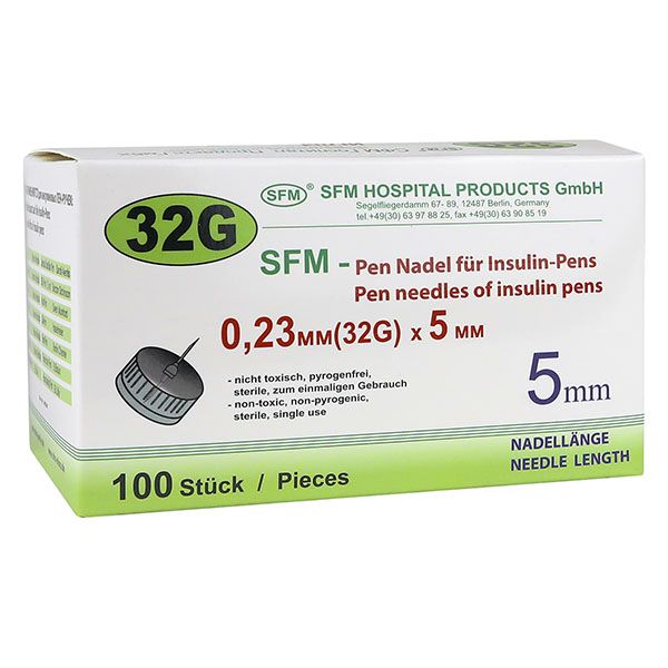 Иглы для инсулиновых инжекторов (ПЕН ручек) 0,23х5мм (32G) SFM Hospital/СФМ Госпиталь 100шт