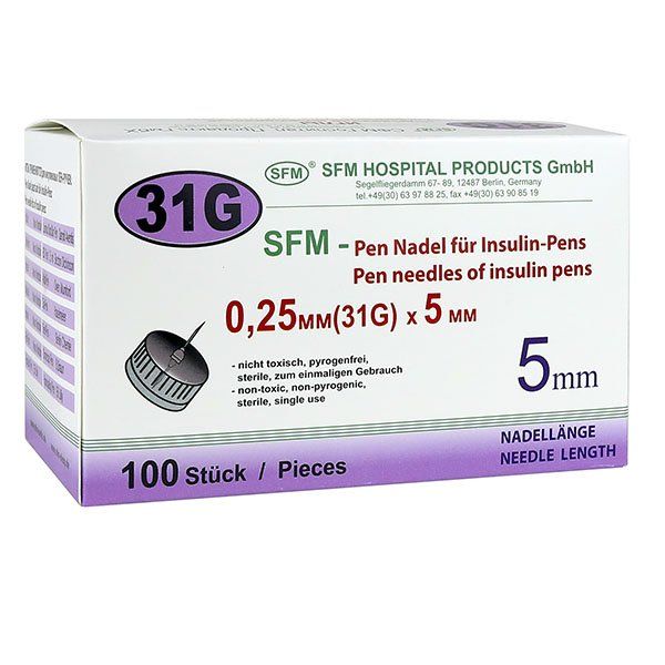 Иглы для инсулиновых инжекторов (ПЕН ручек) 0,25х5мм (31G) SFM Hospital/СФМ Госпиталь 100шт