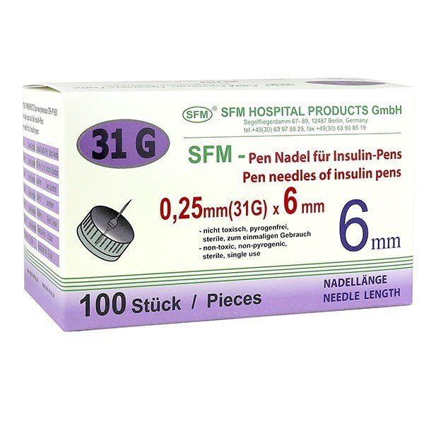 Иглы для инсулиновых инжекторов (ПЕН ручек) 0,25х6мм (31G) SFM Hospital/СФМ Госпиталь 100шт