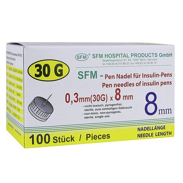 Иглы для инсулиновых инжекторов (ПЕН ручек) 0,30х8мм (30G) SFM Hospital/СФМ Госпиталь 100шт