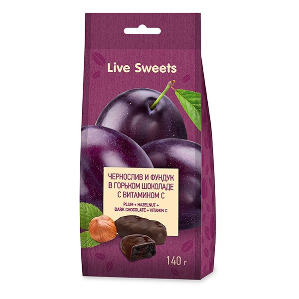 Конфеты глазированные чернослив и фундук в горьком шоколаде с витамином С Live Sweets 140г