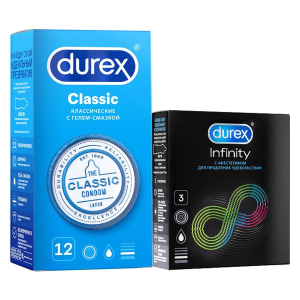 Набор Durex/Дюрекс: Презервативы гладкие Сlassic 12шт+Презервативы гладкие с анестетиком Infinity 3шт