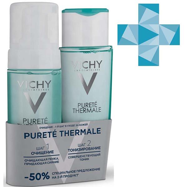 Набор Vichy (Виши) Purete Thermale тоник совершенствующий для чувствительной кожи 200 мл + пенка очищающая придающая сияние для чувствительной кожи 150 мл
