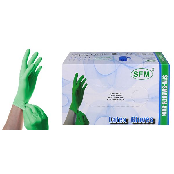 Перчатки смотровые нестерильные латексные опудренные гладкие SFM цвет зеленый разм. L 100 шт.