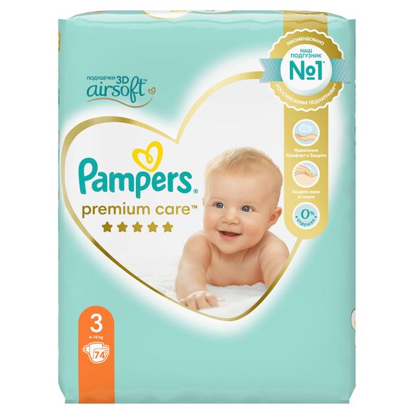 Подгузники детские одноразовые Premium Care Pampers/Памперс 6-10кг 74шт