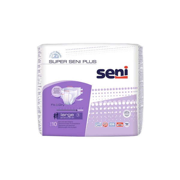 Подгузники для взрослых для средней и тяжёлой степени недержания, паропроницаемые (дышащие) по всей поверхности Super Seni Plus Large 10 шт.