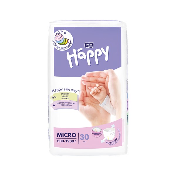 Подгузники гигиенические для недоношенных детей в размере Micro Bella/Белла Baby Happy 30 шт