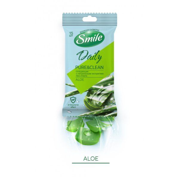 Салфетки Smile (Смайл) влажные очищающие антибактериальные Smile Daily Aloe 15 шт.